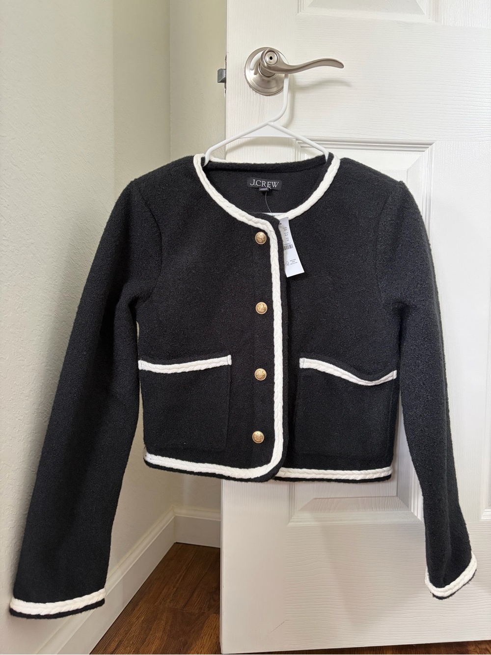 J. Crew Black Bouclé Cropped Blazer with White Braid Trim